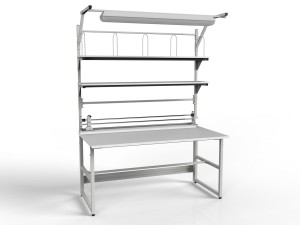 SPR packing table with cutter, rollers, shelves and lighting