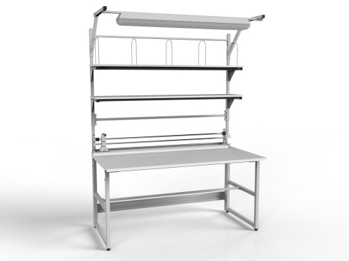 SPR packing table with cutter, rollers, shelves and lighting