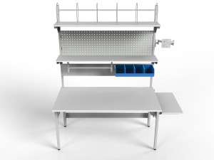 Adjustable SPR parcel wrapping table with monitor holder, roller shelves and containers