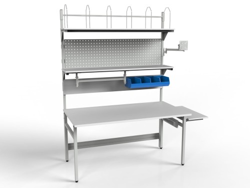 Adjustable SPR parcel wrapping table with monitor holder, roller shelves and containers