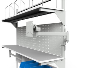 Adjustable SPR parcel wrapping table with monitor holder, roller shelves and containers