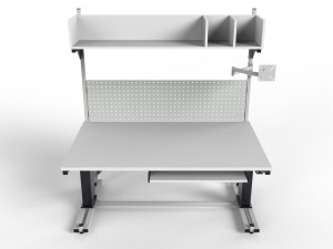Electrically adjustable SPRE parcel packing table with PC accessories, perforated wall and shelf