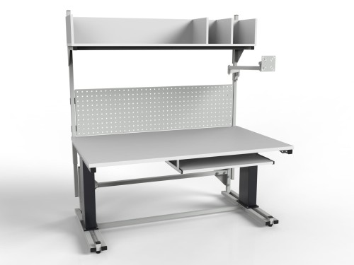 Electrically adjustable SPRE parcel packing table with PC accessories, perforated wall and shelf