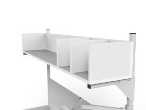 Electrically adjustable SPRE parcel packing table with PC accessories, perforated wall and shelf