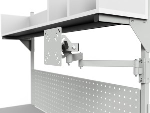 Electrically adjustable SPRE parcel packing table with PC accessories, perforated wall and shelf