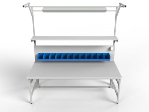 SPR parcel packing table with larger top, containers, shelf and lighting