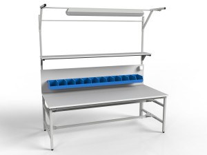 SPR parcel packing table with larger top, containers, shelf and lighting