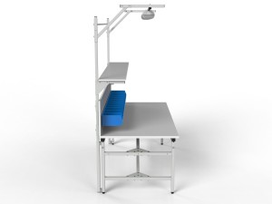 SPR parcel packing table with larger top, containers, shelf and lighting