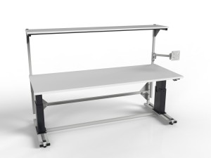Electrically adjustable table with shelf