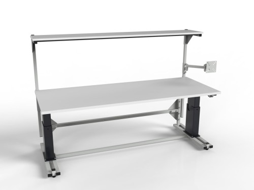 Electrically adjustable table with shelf