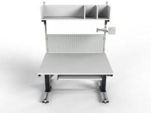 Electrically adjustable table with special shelf