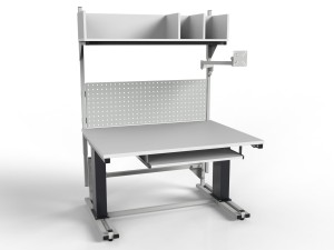 Electrically adjustable table with special shelf