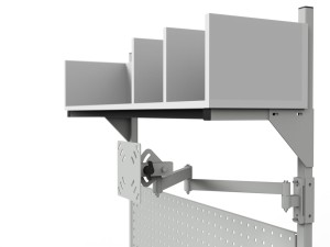 Electrically adjustable table with special shelf