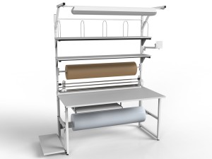 SPR packing table with shelves, lighting, rollers and PC accessories