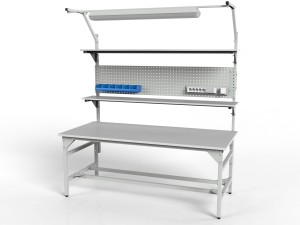 SMWPC 2000/1500x900x800 m workshop table with lighting, two shelves and a perforated central wall