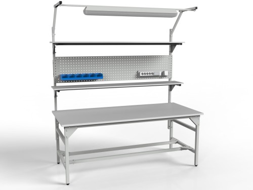 SMWPC 2000/1500x900x800 m workshop table with lighting, two shelves and a perforated central wall