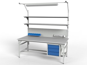 SMWPCK1 workbench 2000/1500x900x800 mm with two shelves, a cabinet and lighting