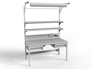 Stół montażowy ESD 1500x700 mm SMRPK6C-0715-ESD z półkami szufladami i oświetleniem