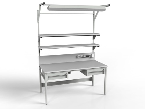 Stół montażowy ESD 1500x700 mm SMRPK6C-0715-ESD z półkami szufladami i oświetleniem