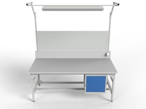 Stół warsztatowy SMWPKC 2000/1500x900x800 mm z tablicą perforowaną szafką i oświetleniem