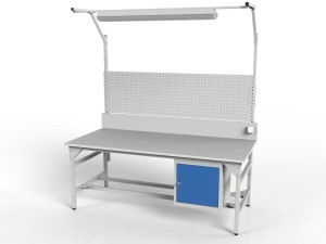 Stół warsztatowy SMWPKC 2000/1500x900x800 mm z tablicą perforowaną szafką i oświetleniem