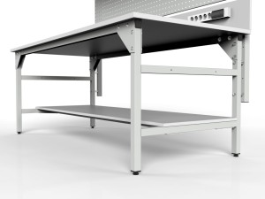 Stół warsztatowy SMWPD 2000x900x800 mm z trzema półkami pojemnikami i ścianką perforowaną - półka dolna