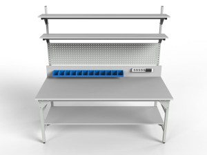 Stół warsztatowy SMWPD 2000x900x800 mm z trzema półkami pojemnikami i ścianką perforowaną