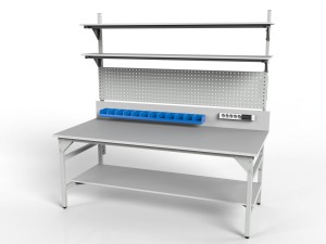 Stół warsztatowy SMWPD 2000x900x800 mm z trzema półkami pojemnikami i ścianką perforowaną
