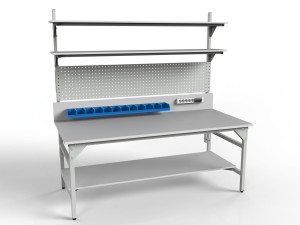 Stół warsztatowy SMWPD 2000x900x800 mm z trzema półkami pojemnikami i ścianką perforowaną
