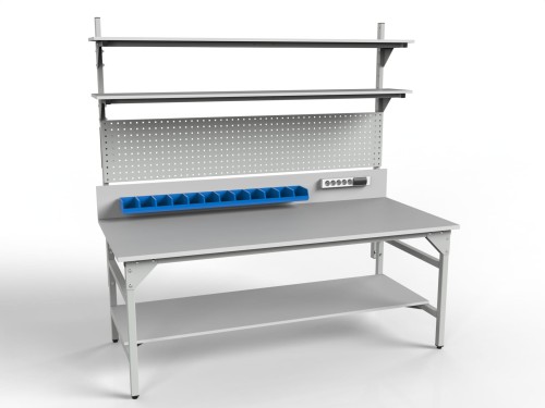 Stół warsztatowy SMWPD 2000x900x800 mm z trzema półkami pojemnikami i ścianką perforowaną