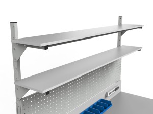 Stół warsztatowy SMWPD 2000x900x800 mm z trzema półkami pojemnikami i ścianką perforowaną - półki górne