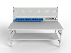 Stół warsztatowy SMWD 2000x900x800 mm ze ścianką perforowaną i pojemnikami