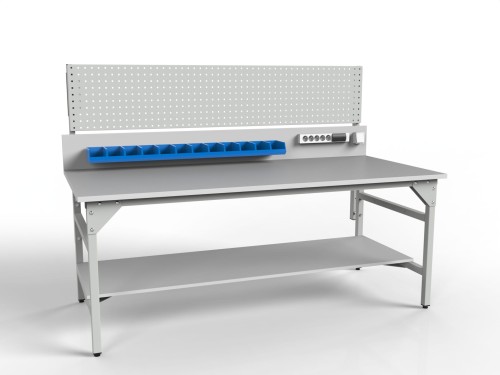 Stół warsztatowy SMWD 2000x900x800 mm ze ścianką perforowaną i pojemnikami