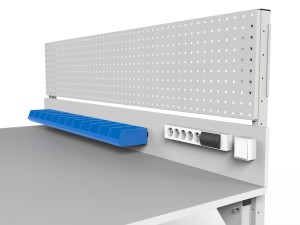 Stół warsztatowy SMWD 2000x900x800 mm ze ścianką perforowaną i pojemnikami - ścianka tylna, perforowana, pojemniki oraz listwa