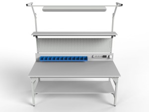 Stół warsztatowy SMWPDC 2000x900x800 mm z półką górną i dolną pojemnikami i oświetleniem