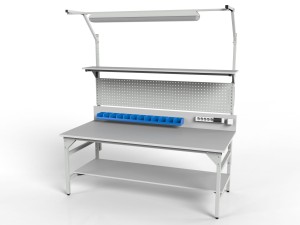 Stół warsztatowy SMWPDC 2000x900x800 mm z półką górną i dolną pojemnikami i oświetleniem