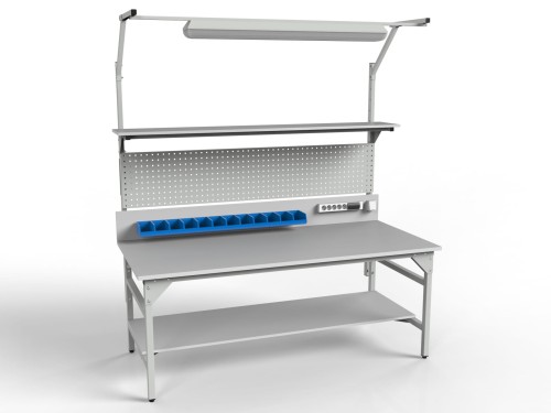 Stół warsztatowy SMWPDC 2000x900x800 mm z półką górną i dolną pojemnikami i oświetleniem