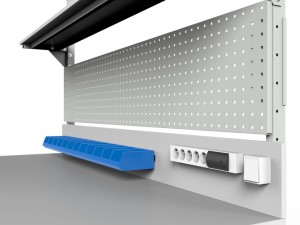 Stół warsztatowy SMWPDC 2000x900x800 mm z półką górną i dolną pojemnikami i oświetleniem - ścianka tylna, perforowana, pojemniki oraz listwa