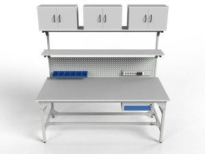 Stół warsztatowy SMWPK6 2000x900x800 mm z dwiema półkami i trzema szafkami