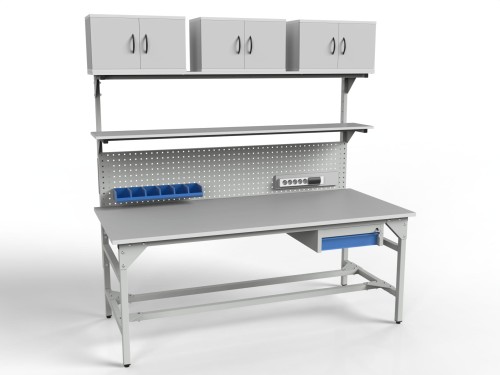 Stół warsztatowy SMWPK6 2000x900x800 mm z dwiema półkami i trzema szafkami