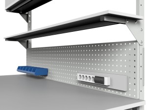 Stół warsztatowy SMWPK6 2000x900x800 mm z dwiema półkami i trzema szafkami - ścianka tylna, półka górna