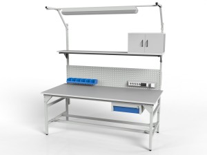 Stół warsztatowy SMWPK6C 2000/1500x900x800 mm z szafką szufladą pojemnikami i oświetleniem