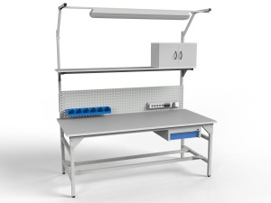 Stół warsztatowy SMWPK6C 2000/1500x900x800 mm z szafką szufladą pojemnikami i oświetleniem