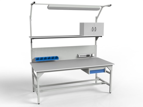 Stół warsztatowy SMWPK6C 2000/1500x900x800 mm z szafką szufladą pojemnikami i oświetleniem