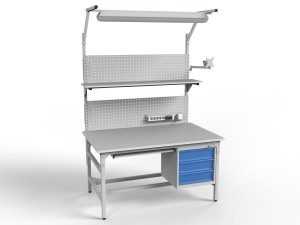 Stół do warsztatu SMWPCK1 2000/1500x900x800 mm z uchwytem na monitor szafką i oświetleniem
