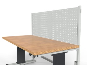 SMRE electrically adjustable workstation with plywood top and perforated wall
