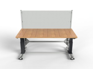 SMRE electrically adjustable workstation with plywood top and perforated wall