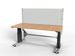 SMRE electrically adjustable workstation with plywood top and perforated wall