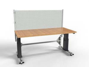 SMRE electrically adjustable workstation with plywood top and perforated wall