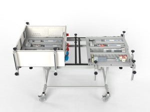 Rack for prefabrication of control cabinets with up to 55° inclination -illustration with installed cabinets in horizontal position